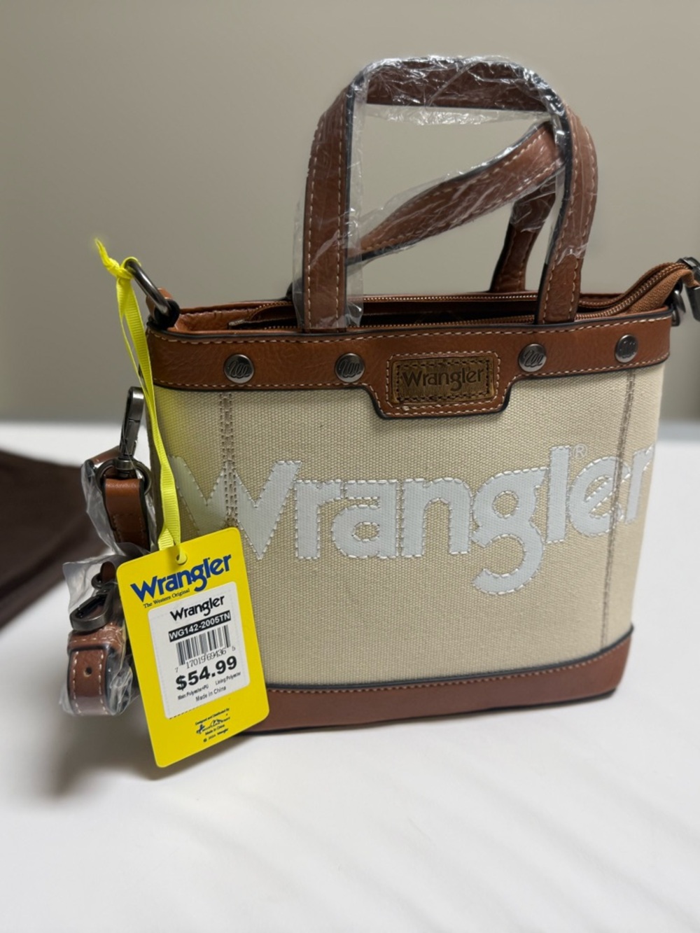 Wrangler Cream Canvas Tote with Brown Leather Trim